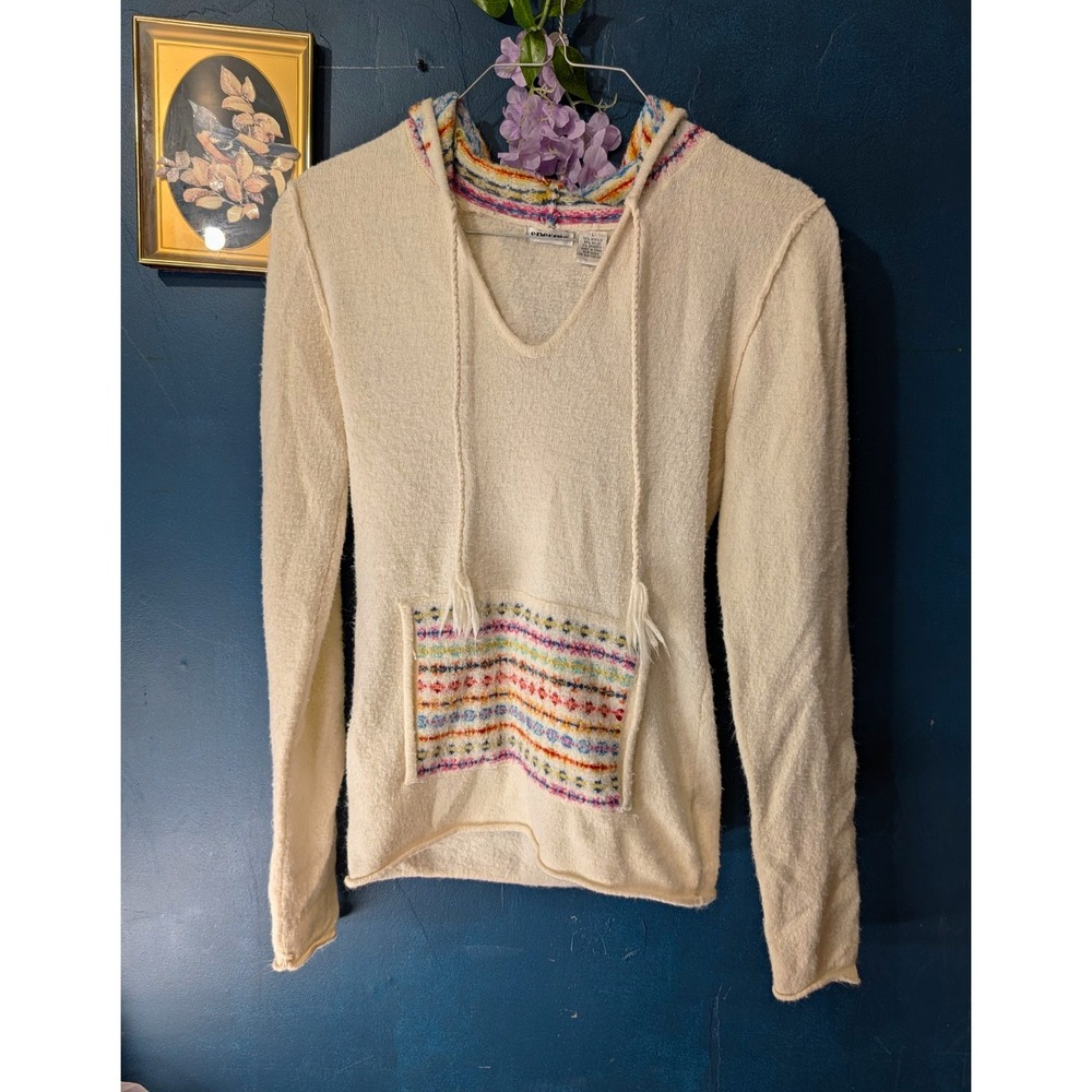 Energie Womens Large Cream Fair Isle Trim Hooded Sweater Y2K Large